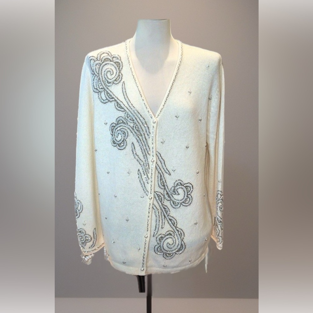 Bob Mackie Wearable Art Beaded Embellished Cream Cardigan Sweater- medium